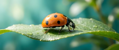 Orange ladybug with black spots resting on green leaf with water droplets in natural garden setting for nature and wildlife photography projects.