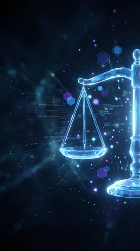 Digital justice scales glowing with blue neon light against dark futuristic background with hexagonal particles and data streams for legal technology concepts.