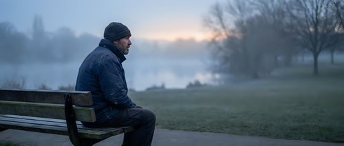 Thoughtful middle-aged man sitting alone on park bench during misty dawn, contemplating by lake. Peaceful morning solitude and reflection concept.