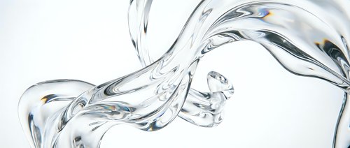 Clear water stream flowing with dynamic splash and bubbles against white background for refreshing beverage and purity concepts.
