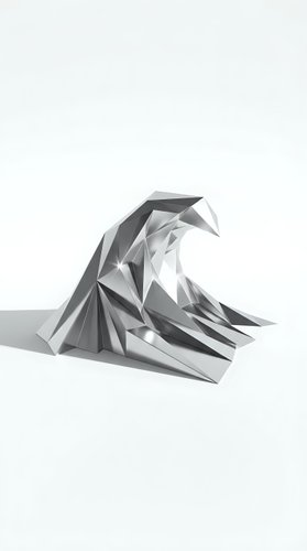 Abstract geometric sculpture with angular metallic surfaces and sharp edges creating dramatic shadows on white background for modern design projects.