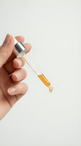 Hand holding glass dropper bottle with golden serum oil drop for skincare beauty routine cosmetic treatment on neutral background.