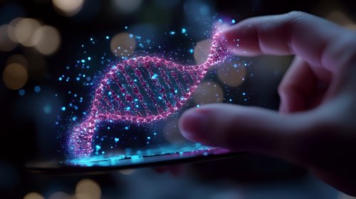 Glowing DNA helix structure with pink and blue particles floating above digital screen as fingers interact with holographic genetic visualization in dark space.