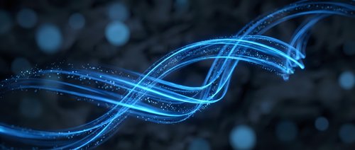 Abstract blue glowing DNA helix with particle effects on dark background, suitable for science, technology, genetics, and medical presentations.