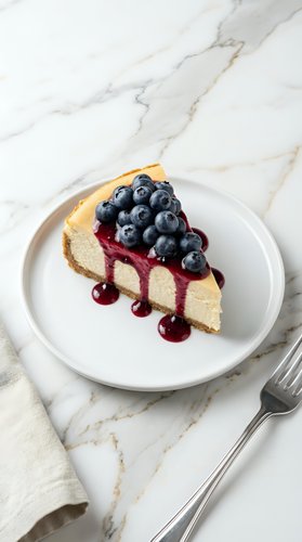 Slice of creamy cheesecake topped with fresh blueberries and berry sauce on white plate with fork on marble surface for dessert menu or bakery.