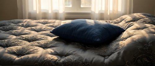 Cozy bedroom with sunlight streaming through sheer curtains, featuring a plush bed with decorative pillows and soft bedding, perfect for home decor and lifestyle content.