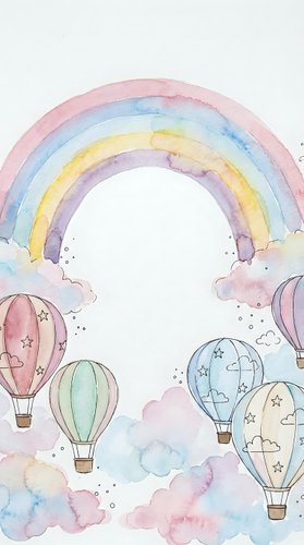 Watercolor pastel rainbow with hot air balloons and clouds, cute nursery art in soft pink, blue, green and yellow tones for kids decor.