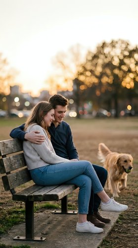 Young couple sitting on park bench at sunset with golden retriever dog, enjoying romantic outdoor moment in urban setting.