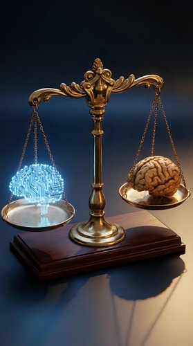 Golden scales of justice balancing human brain and digital circuit sphere representing artificial intelligence versus human intelligence concept.