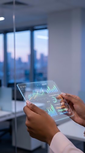 Businessman analyzing financial data on transparent tablet with holographic charts and graphs in modern office with city skyline view at dusk.