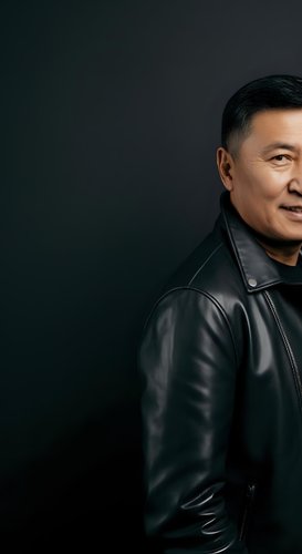 Middle-aged Asian male wearing black leather jacket against dark background, smiling confidently. Portrait suitable for business, lifestyle, and professional applications.
