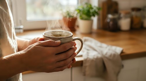 Woman holding warm coffee mug in cozy kitchen morning light creating peaceful domestic atmosphere for relaxation and comfort lifestyle moments.