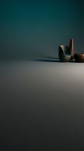 Minimalist ceramic pottery vessels on neutral surface with dramatic teal gradient lighting for modern interior design and home decor concepts.