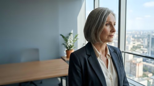 Mature woman with gray hair wearing black blazer and white blouse, looking out floor-to-ceiling window in modern high-rise office with cityscape view, professional business environment.