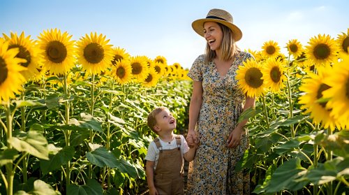 Woman and young child standing together in sunflower field during golden hour, wearing casual summer clothing and hat, enjoying nature and outdoor family time.