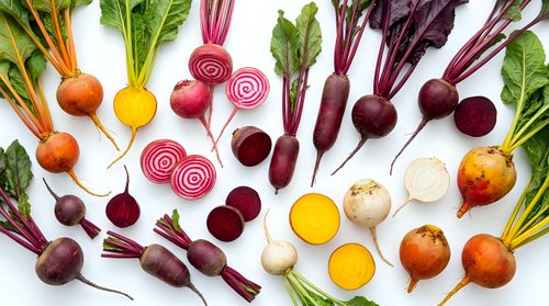 Fresh organic beetroot varieties with colorful roots and green leaves arranged on white background for healthy cooking and nutrition concepts.