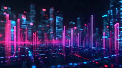 Abstract digital landscape with glowing pink and blue vertical bars rising from reflective grid surface against dark background, creating futuristic cityscape visualization.