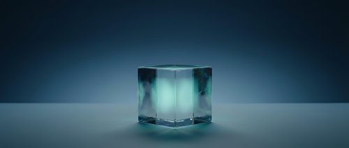 Frozen ice cube with crystalline structure and cool blue-green tones, isolated on gradient background for beverage, cooling, and design projects.