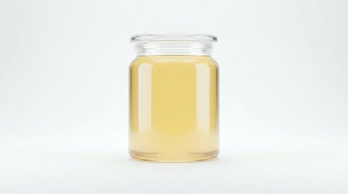 Glass jar filled with pale yellow liquid, possibly honey, oil, or syrup, isolated on white background for product packaging and culinary use.