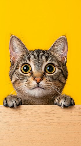 Curious tabby cat with big yellow eyes peeking over wooden surface against vibrant yellow background, showing paws. Playful expression captures attention.