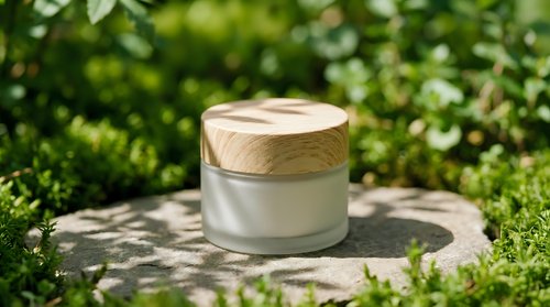 Frosted glass cosmetic jar with wooden lid on stone surface surrounded by lush green plants in natural sunlight.