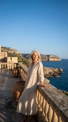 Elegant mature Caucasian woman in flowing white dress standing on Mediterranean coastal terrace with blue sea and cliffs backdrop during golden hour.