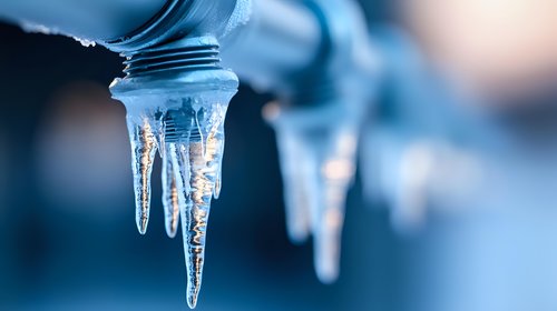 Frozen icicles with crystalline structure glowing in blue winter light, macro photography showing transparent ice formations and natural patterns.