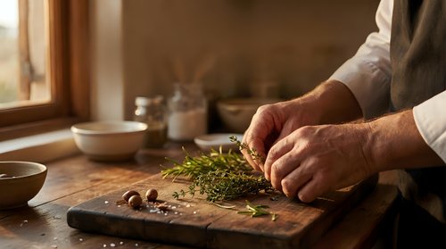 Professional chef chopping fresh herbs on wooden cutting board in warm kitchen setting with natural lighting and cooking utensils in background.
