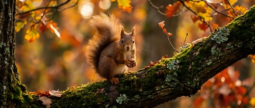 Cute red squirrel sitting on mossy tree branch in autumn forest with golden sunlight and colorful fall foliage creating warm seasonal wildlife scene.