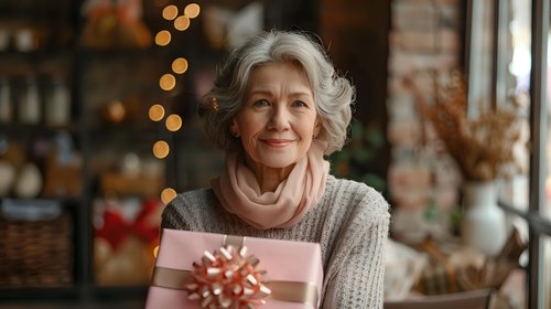 Elegant senior woman with gray hair holding wrapped gift box in cozy home interior with festive holiday decorations and warm lighting.