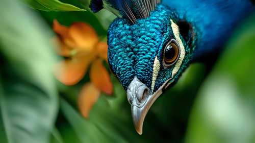 Vibrant close-up of peacock head showing iridescent blue feathers, sharp beak, and distinctive eye against blurred green and orange natural background.