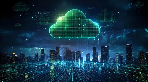 Digital cloud computing concept over modern city skyline with glowing green network connections and data streams flowing through urban landscape at night.