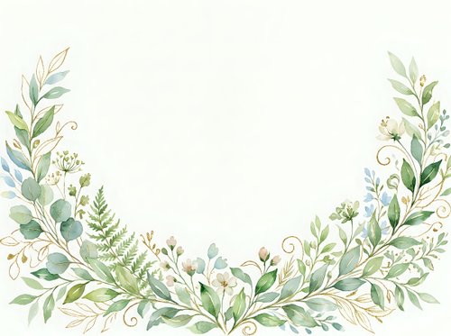 Watercolor botanical frame with green leaves and delicate foliage on light background for wedding invitations and greeting cards.