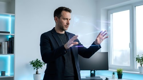 Caucasian businessman in dark suit presenting with hand gestures in modern office with large windows and natural light for corporate presentations.