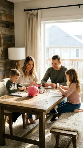 Happy Caucasian family of four counting coins and bills at wooden dining table with pink piggy bank in cozy modern home interior.