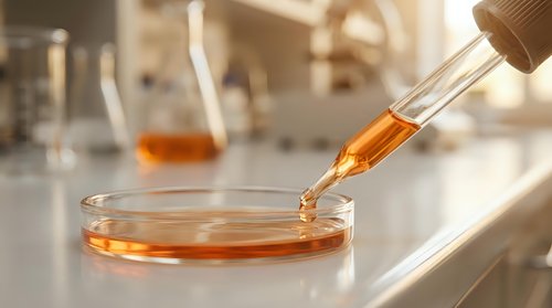 Laboratory pipette dropping amber liquid sample into petri dish for scientific research and chemical analysis in modern lab setting.