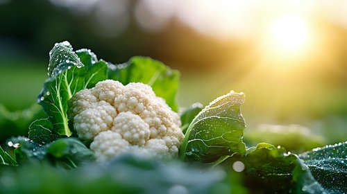 Fresh organic cauliflower head with green leaves in garden at sunrise, natural morning dew drops on vegetables, macro food photography.