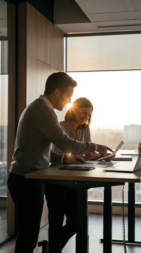 Business colleagues collaborating on laptop in modern office with warm sunlight streaming through windows during productive meeting.