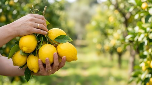 Farmer hand holding fresh yellow lemons picked from orchard tree, agricultural harvest and organic citrus fruit production for food and beverage industry.