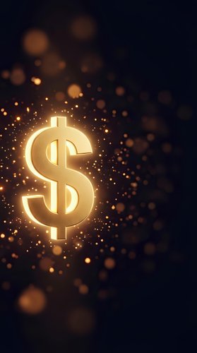 Golden dollar sign glowing with sparkling particles and bokeh lights on dark background for finance and investment concepts.