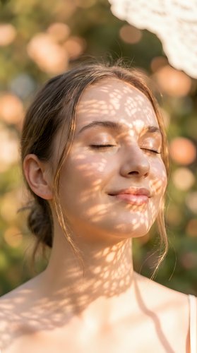 Young woman with closed eyes enjoying warm sunlight filtering through leaves creating natural shadow patterns on her peaceful face and skin.