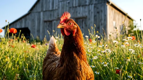 Brown hen chicken standing in wildflower meadow with rustic barn background during golden hour sunset light creating peaceful farm countryside scene.