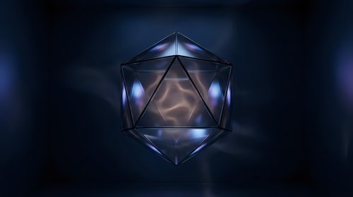 Geometric polyhedron with glowing blue light nodes and translucent facets on dark background. Suitable for science, technology, abstract design, and digital innovation concepts.