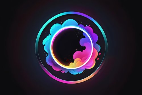 Vibrant neon circle frame with colorful gradient clouds and glowing rainbow ring effect on dark background, modern abstract design for creative projects.