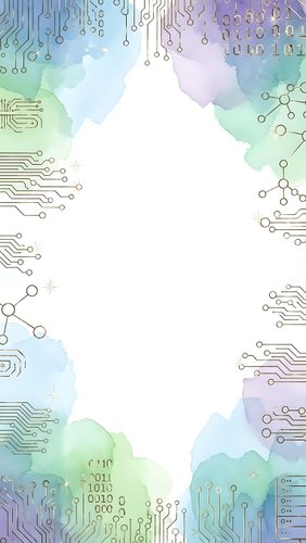Abstract watercolor technology frame with circuit board patterns and binary code on white background for digital innovation presentations.