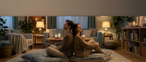 Couple sitting back-to-back on floor in cozy living room with warm lighting, comfortable furniture, and plants. Suitable for lifestyle, relationships, home decor, and interior design content.
