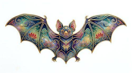 Ornate bat with colorful decorative patterns and swirling designs on wings, isolated on white background, suitable for Halloween graphics, tattoo inspiration, and decorative artwork projects.