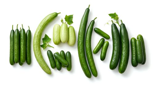 Fresh green vegetables collection including cucumbers, peas, okra and beans arranged on white background for healthy cooking and nutrition concepts.