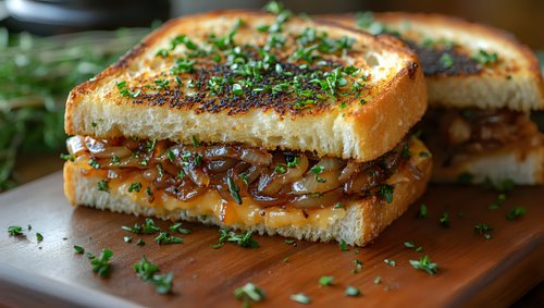 Grilled sandwich with caramelized onions and fresh herbs on toasted bread, served on wooden cutting board. Close-up view shows melted filling and garnish.