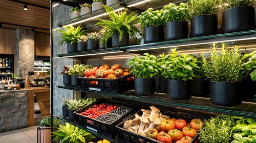 Modern grocery store produce section with fresh fruits vegetables and herbs displayed on black shelves with potted plants creating sustainable retail environment.